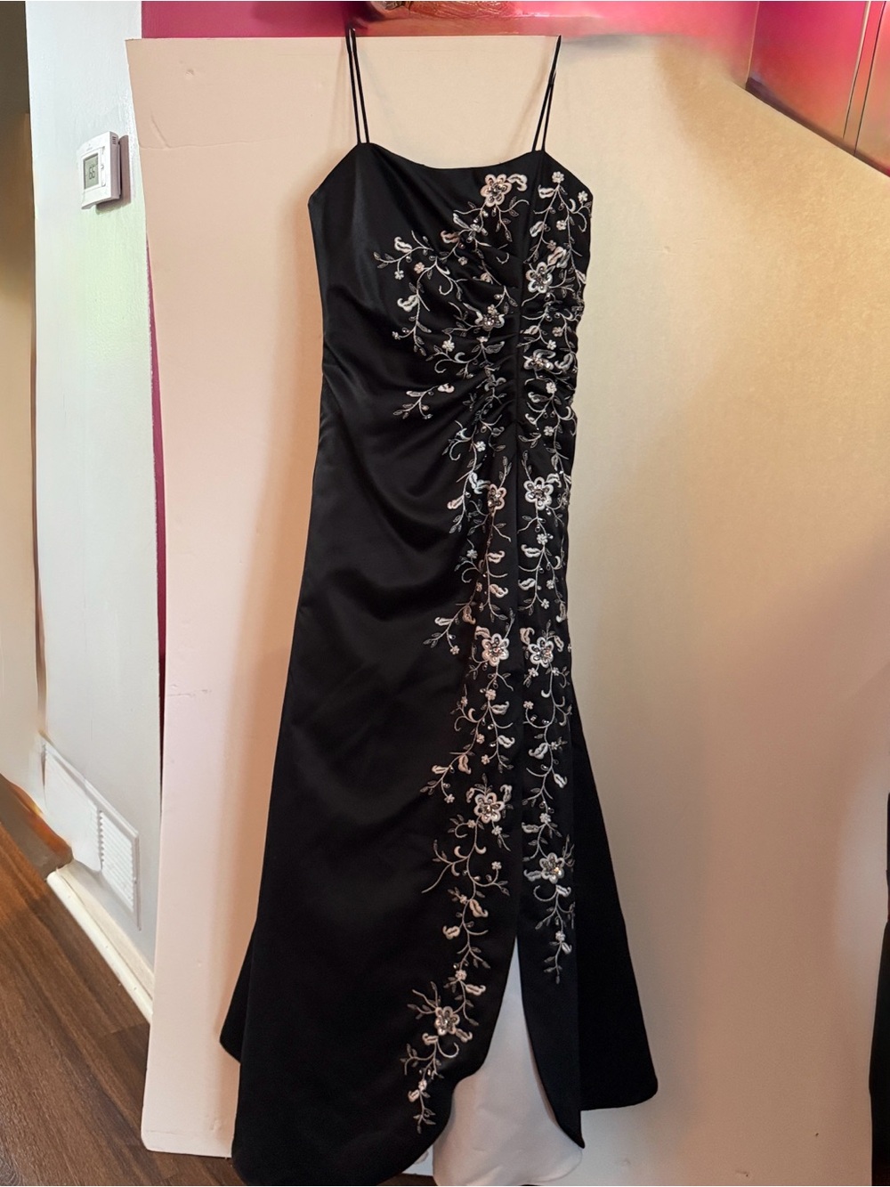 Blondie Nites Black Satin Prom Dress with White Floral Embroidery. Gorgeous ❤️